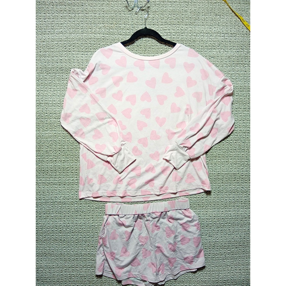 #E2-Women's Pink Heart Print 2-Piece Pajama Set Long Sleeve Crew Neck Knit L